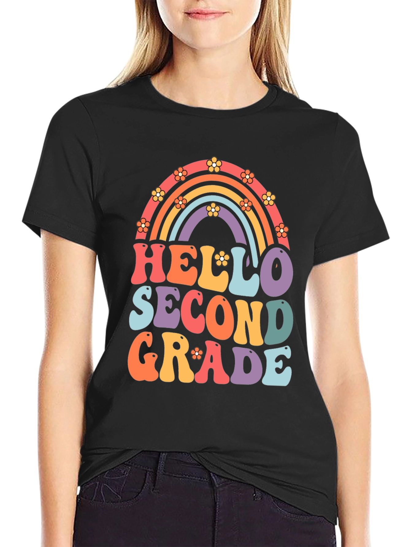 Hello Second Grade Retro Rainbow Shirt