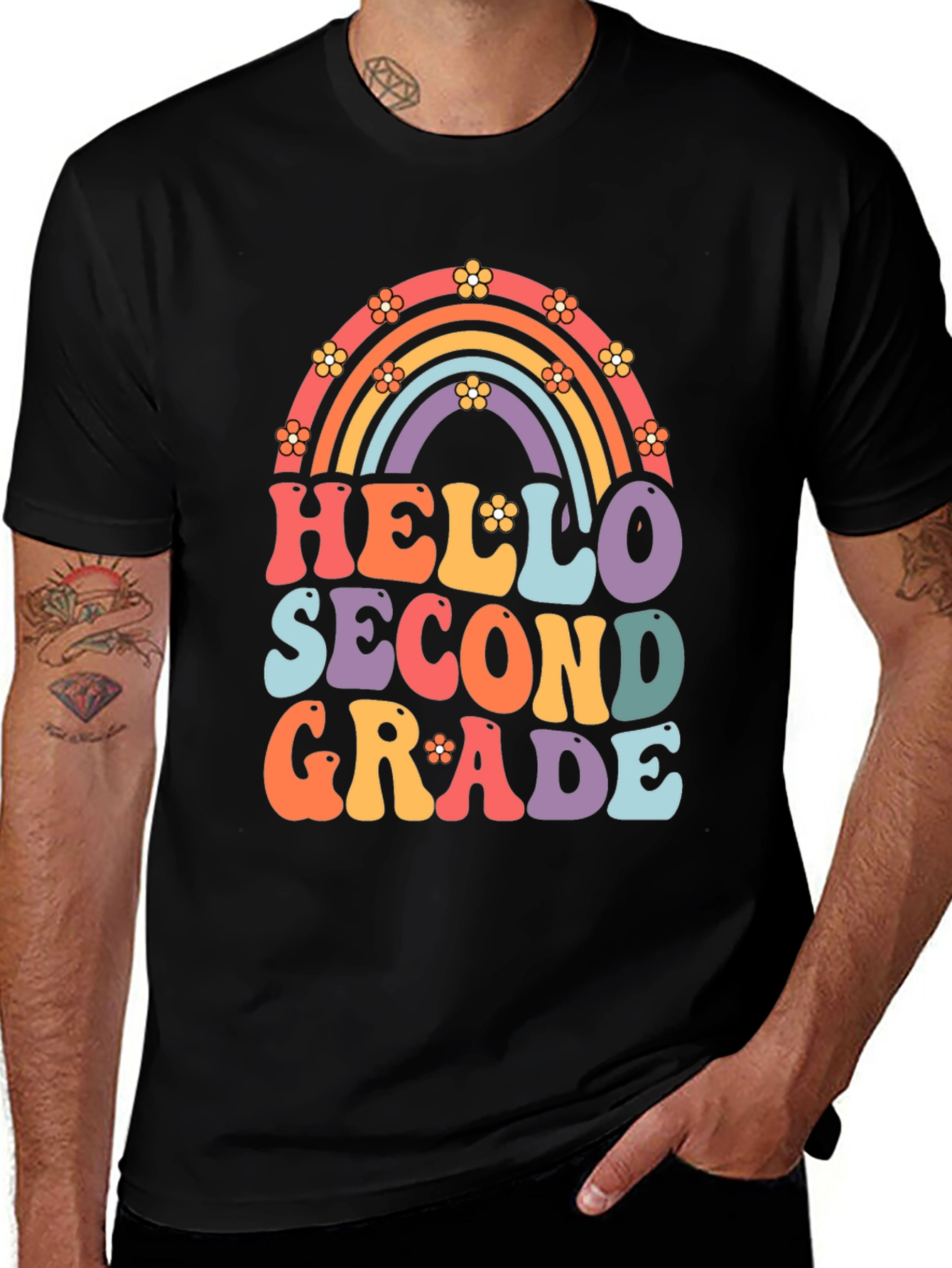 Hello Second Grade Retro Rainbow Shirt