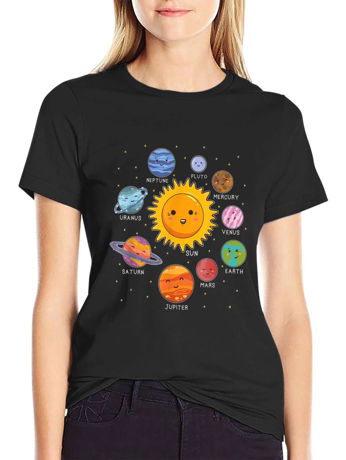 Cute Planets Black T-Shirt Solar System Graphic