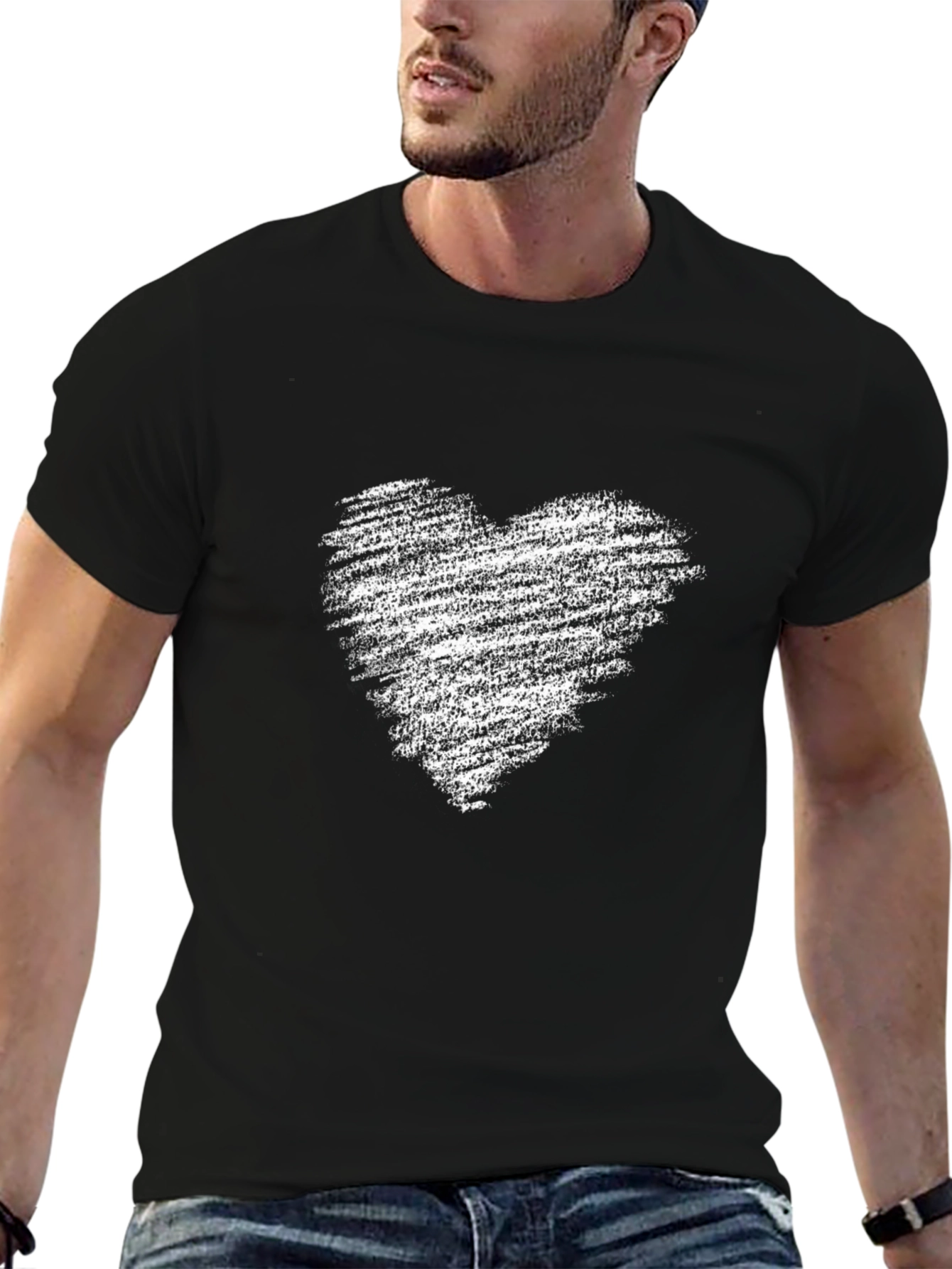 Mens Black T-Shirt with Distressed Heart Graphic