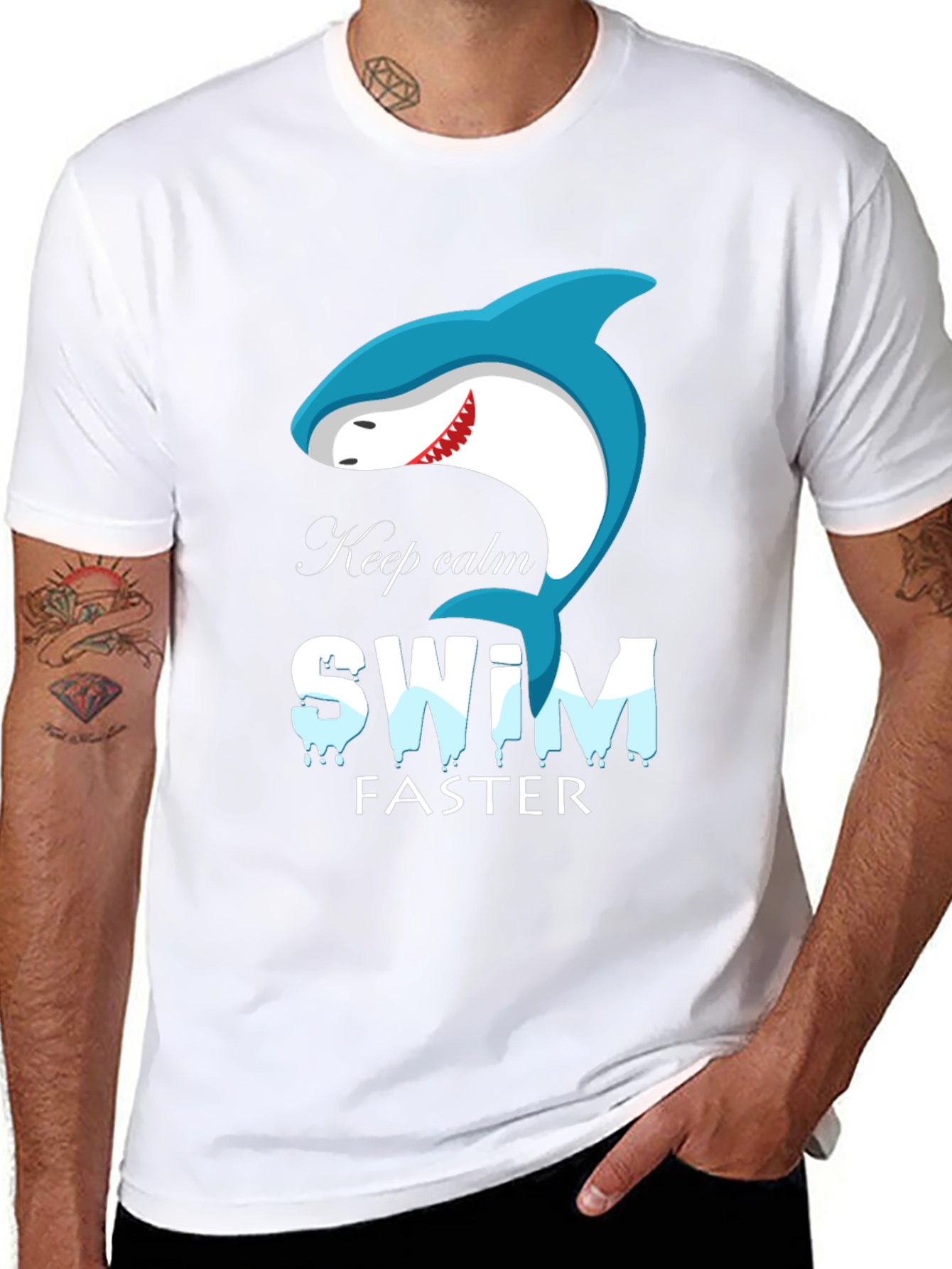 Keep Calm Swim Faster Shark Graphic Black T-Shirt
