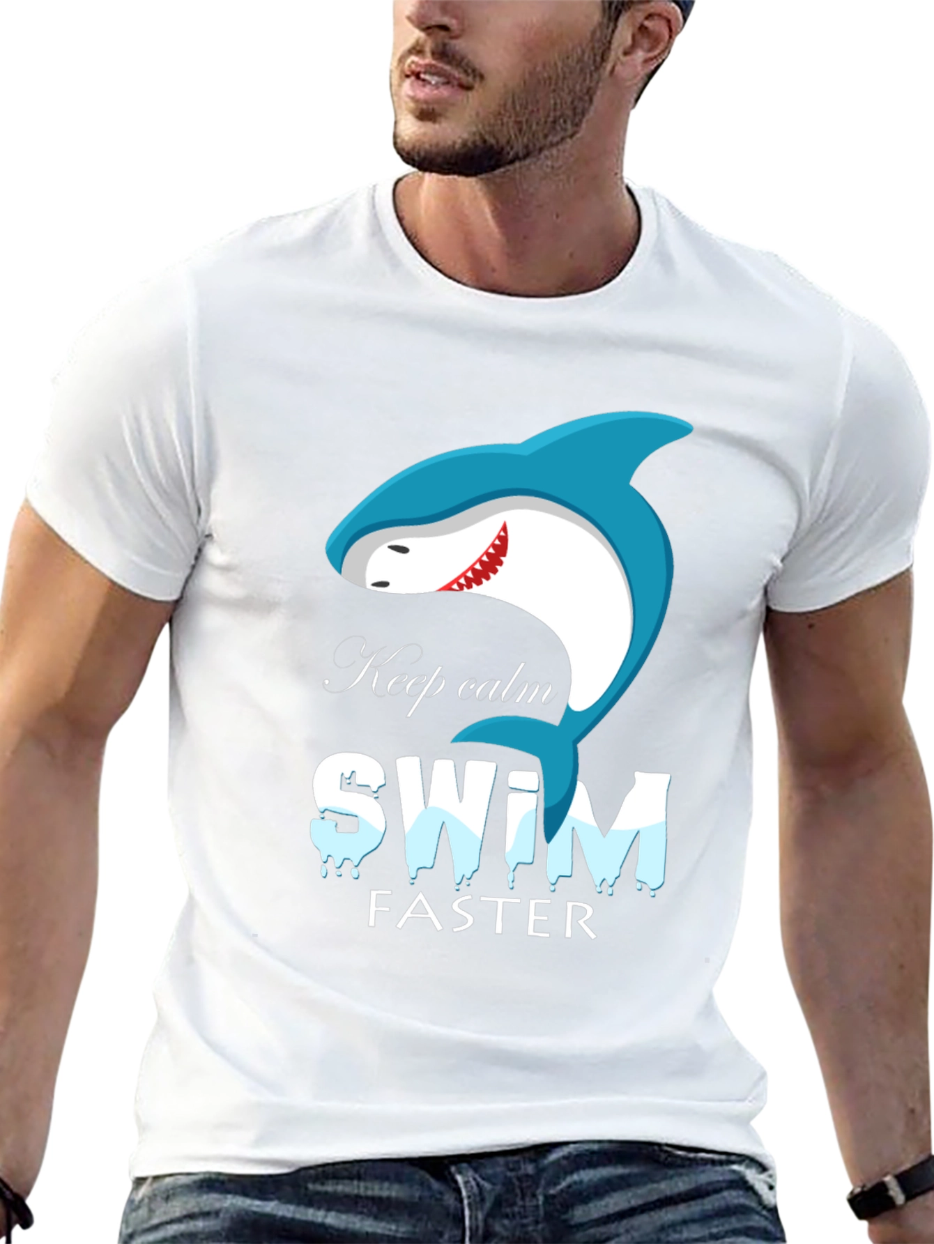 Keep Calm Swim Faster Shark Graphic Black T-Shirt