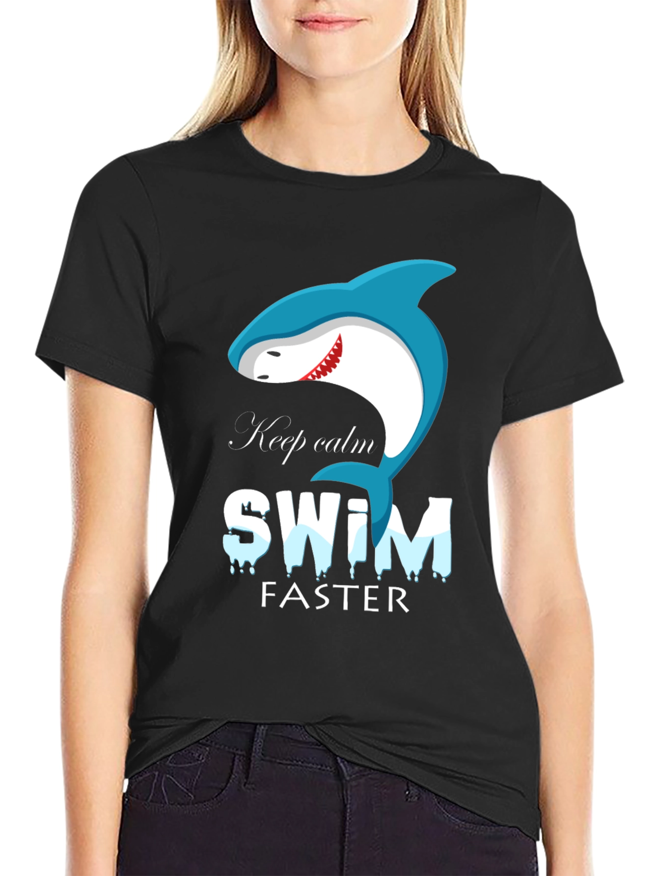 Keep Calm Swim Faster Shark Graphic Black T-Shirt