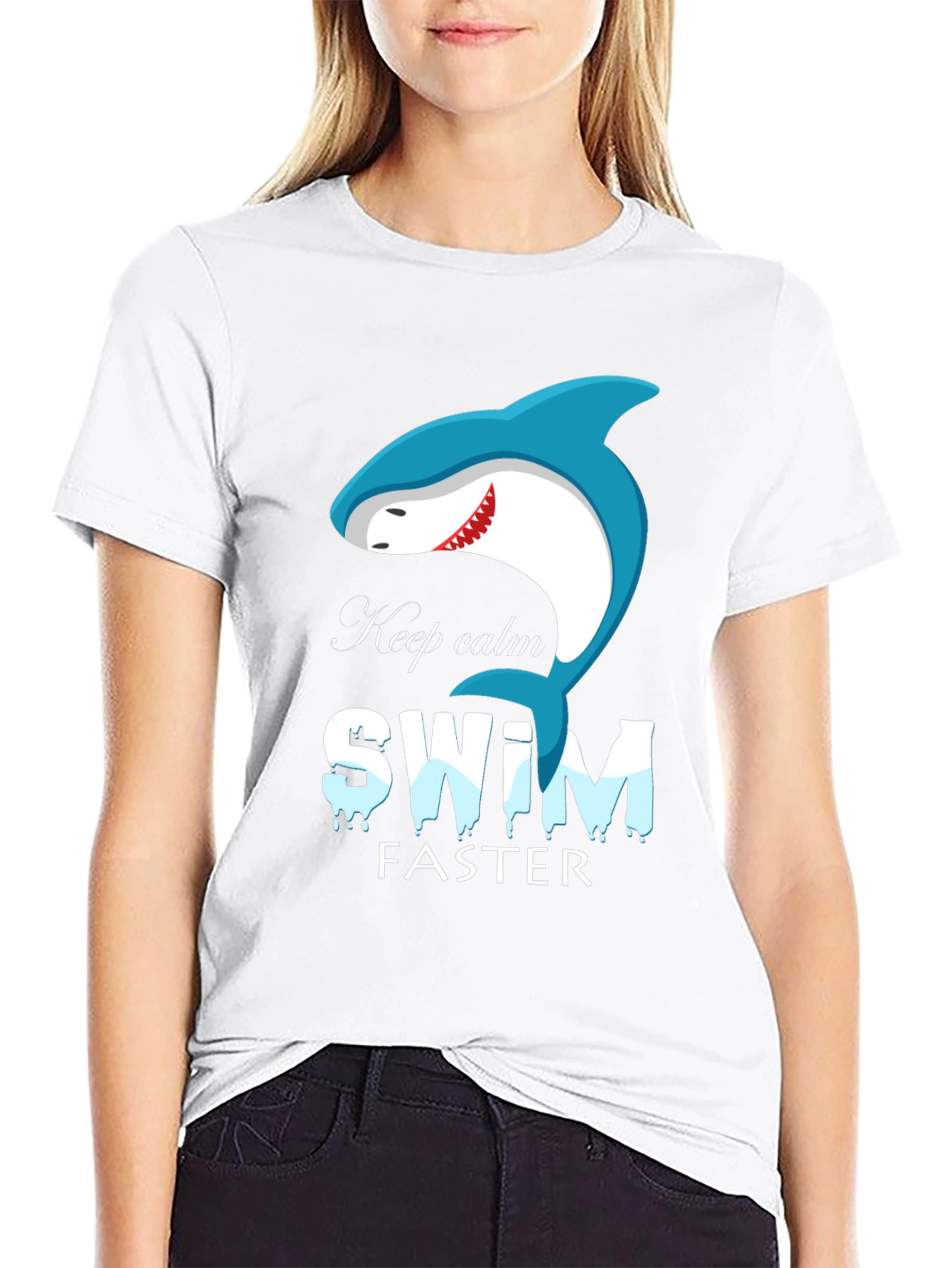 Keep Calm Swim Faster Shark Graphic Black T-Shirt
