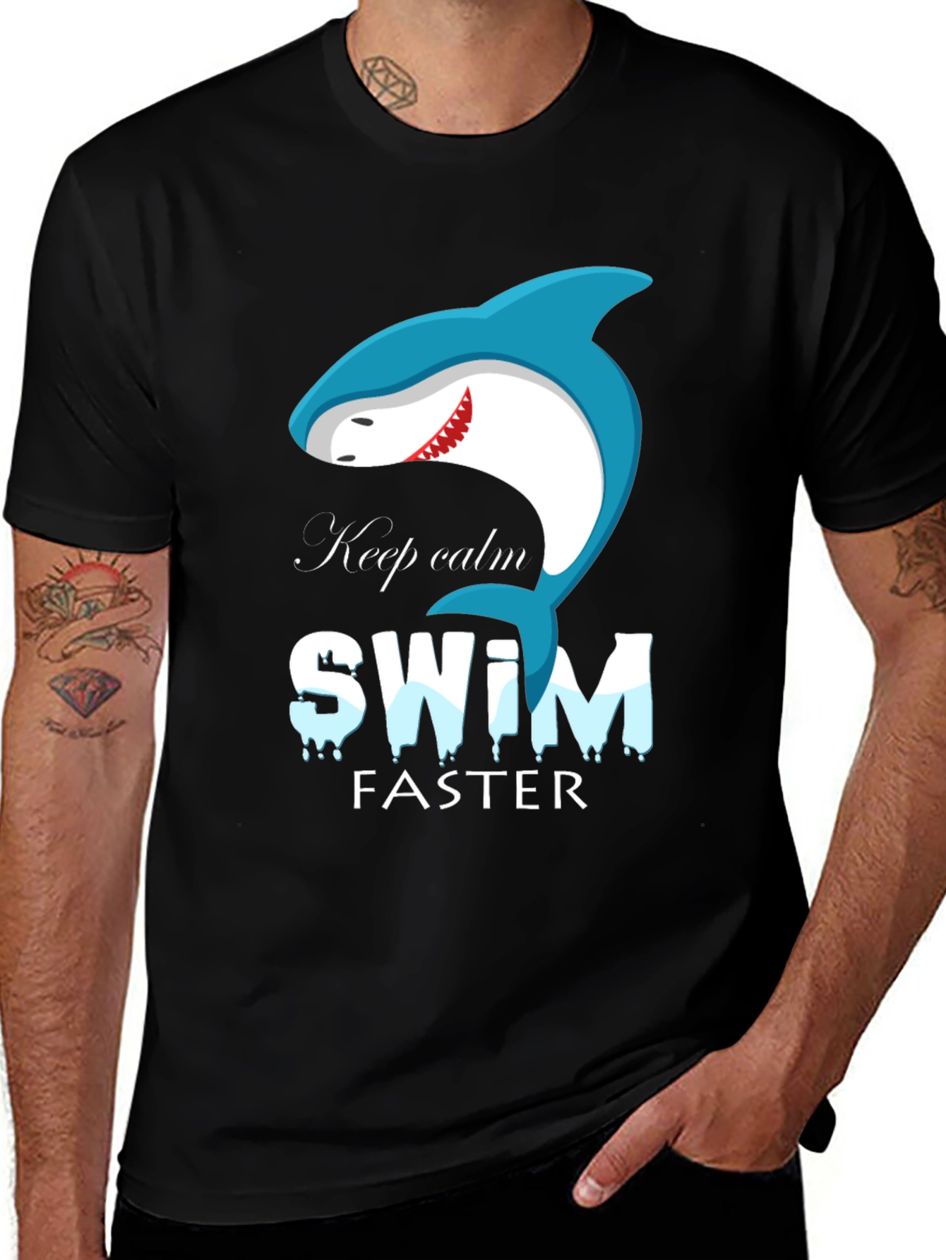 Keep Calm Swim Faster Shark Graphic Black T-Shirt