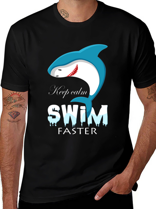 Keep Calm Swim Faster Shark Graphic Black T-Shirt