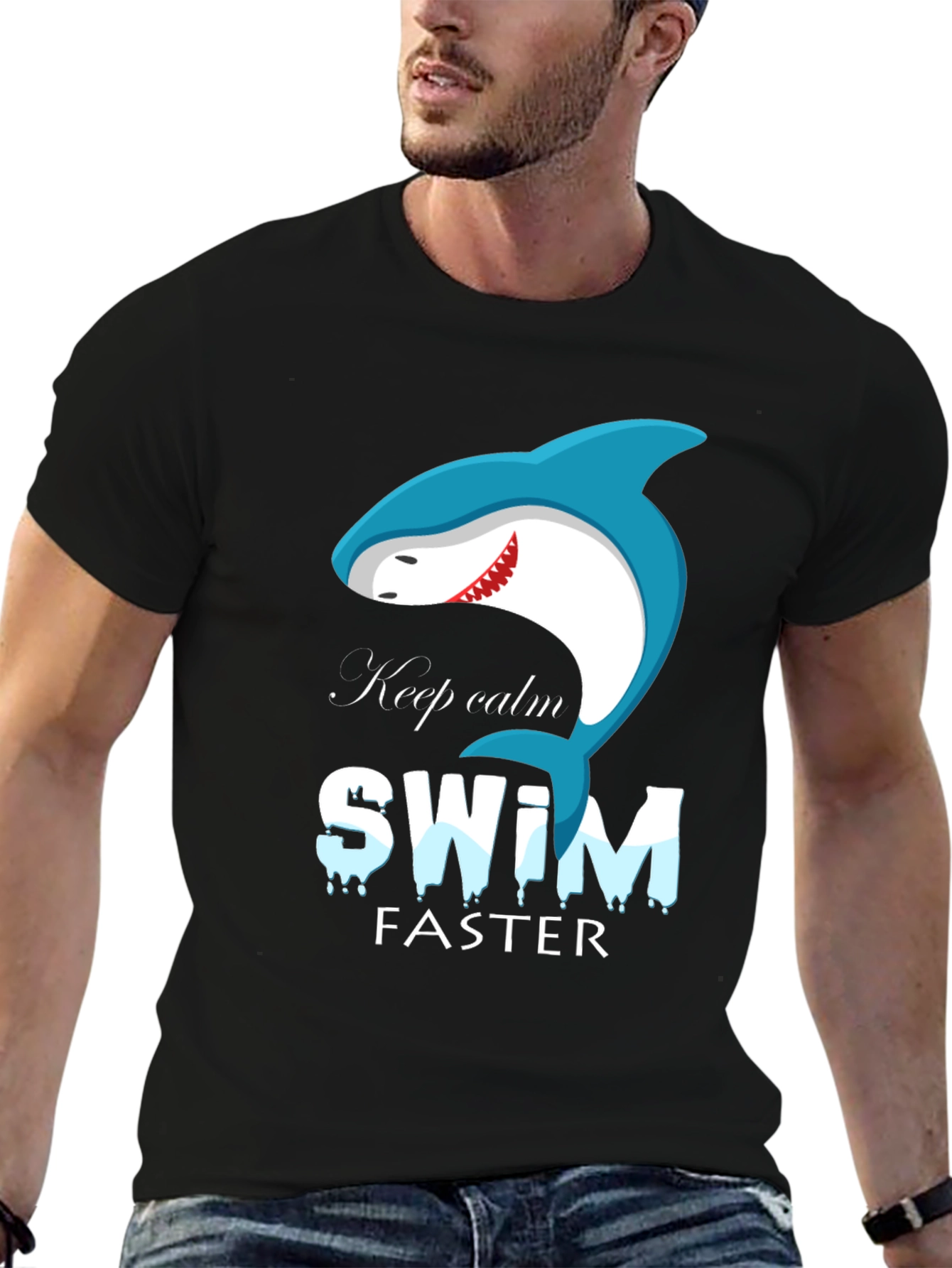 Keep Calm Swim Faster Shark Graphic Black T-Shirt