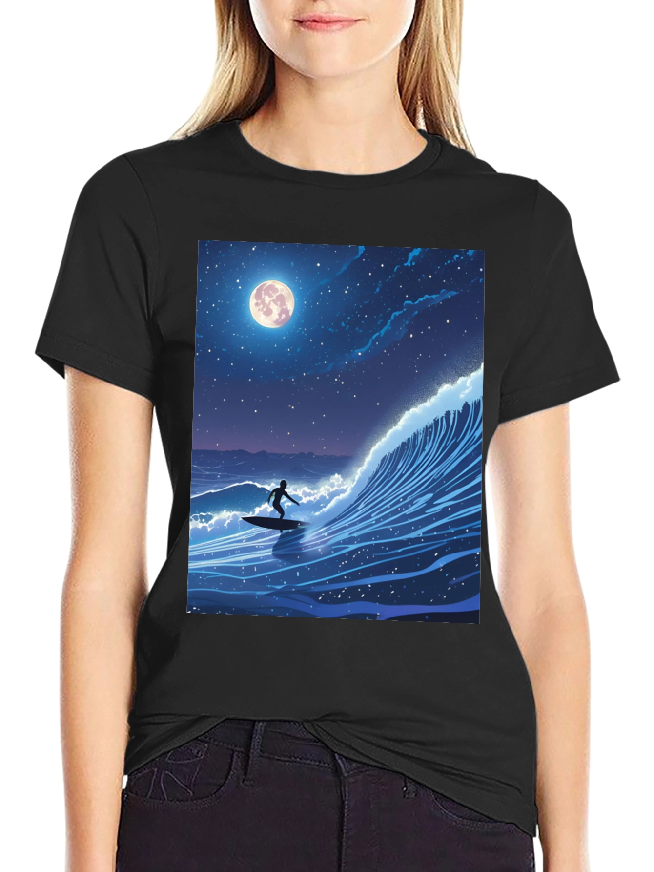 Surfer Moonlight Wave Graphic Tee