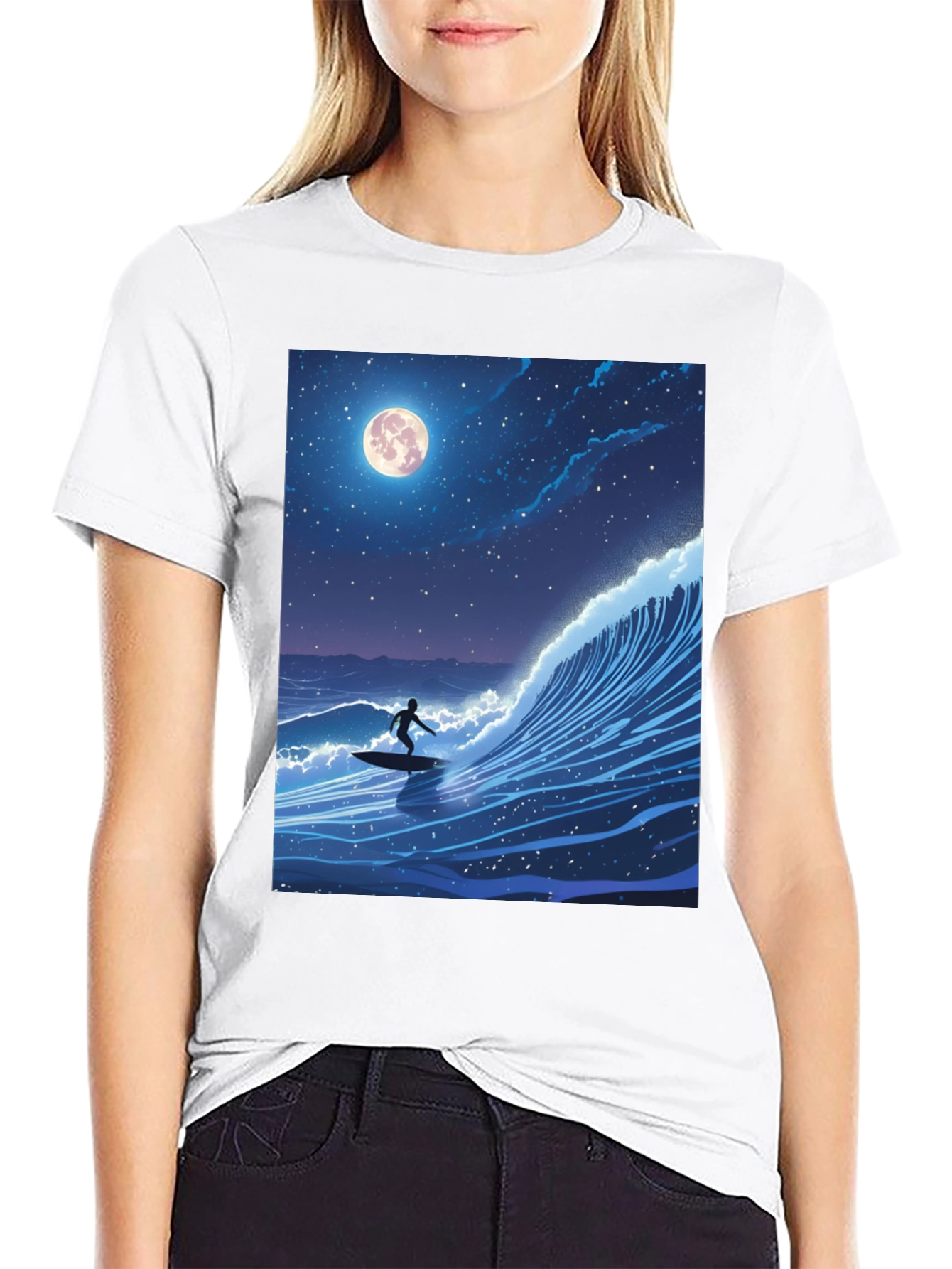 Surfer Moonlight Wave Graphic Tee