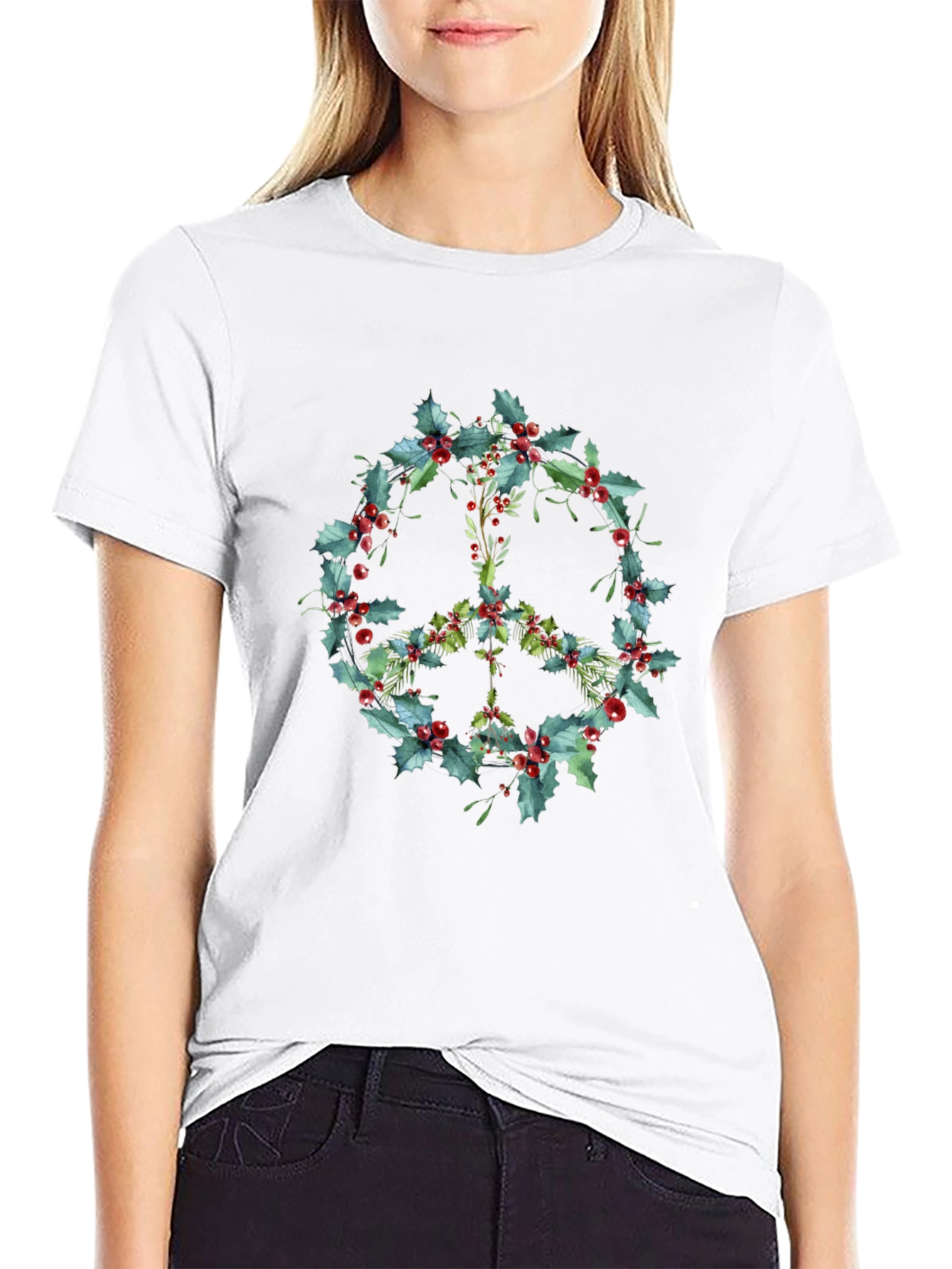 Peace Sign Holly Berry Wreath Graphic Tee