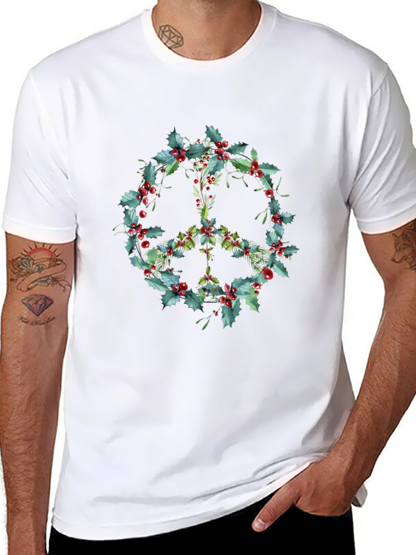Peace Sign Holly Berry Wreath Graphic Tee