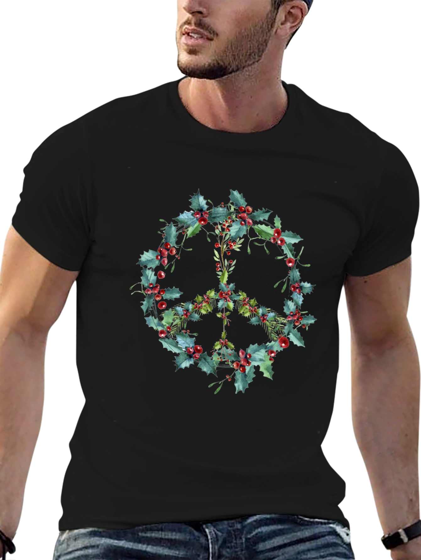 Peace Sign Holly Berry Wreath Graphic Tee