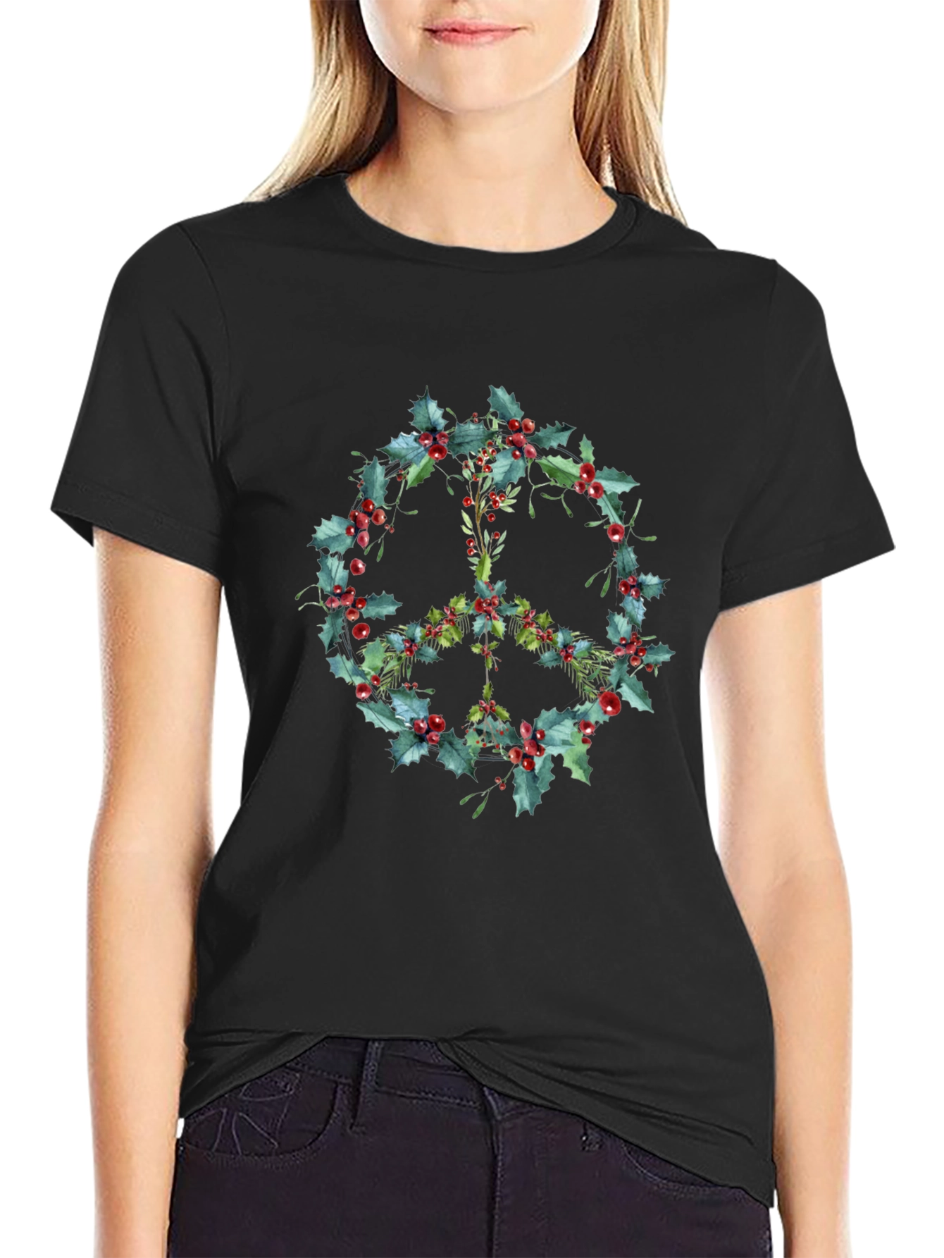 Peace Sign Holly Berry Wreath Graphic Tee