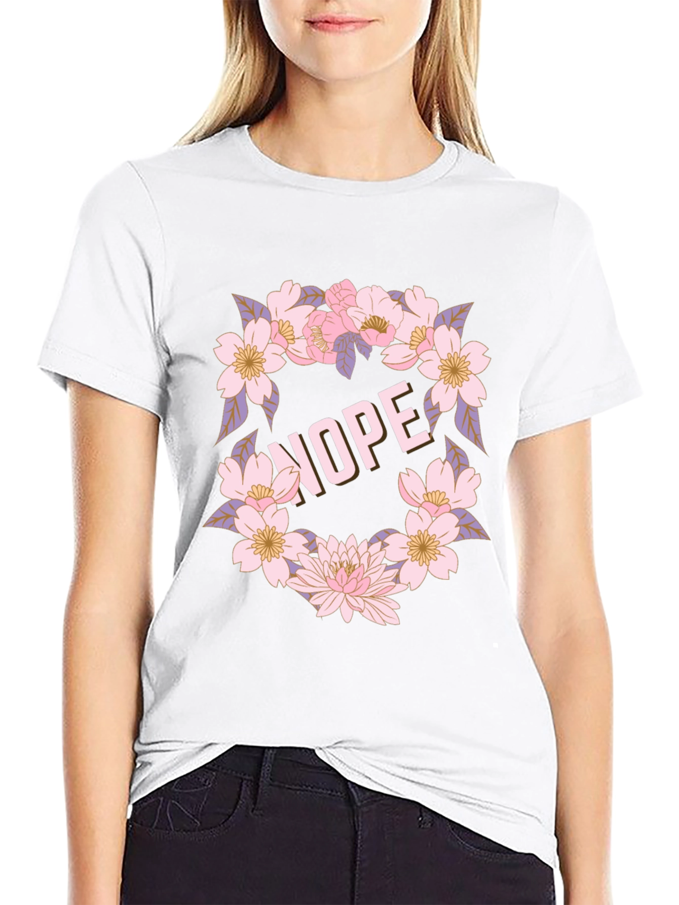 Floral Nope Graphic Tee - Casual Black T-Shirt