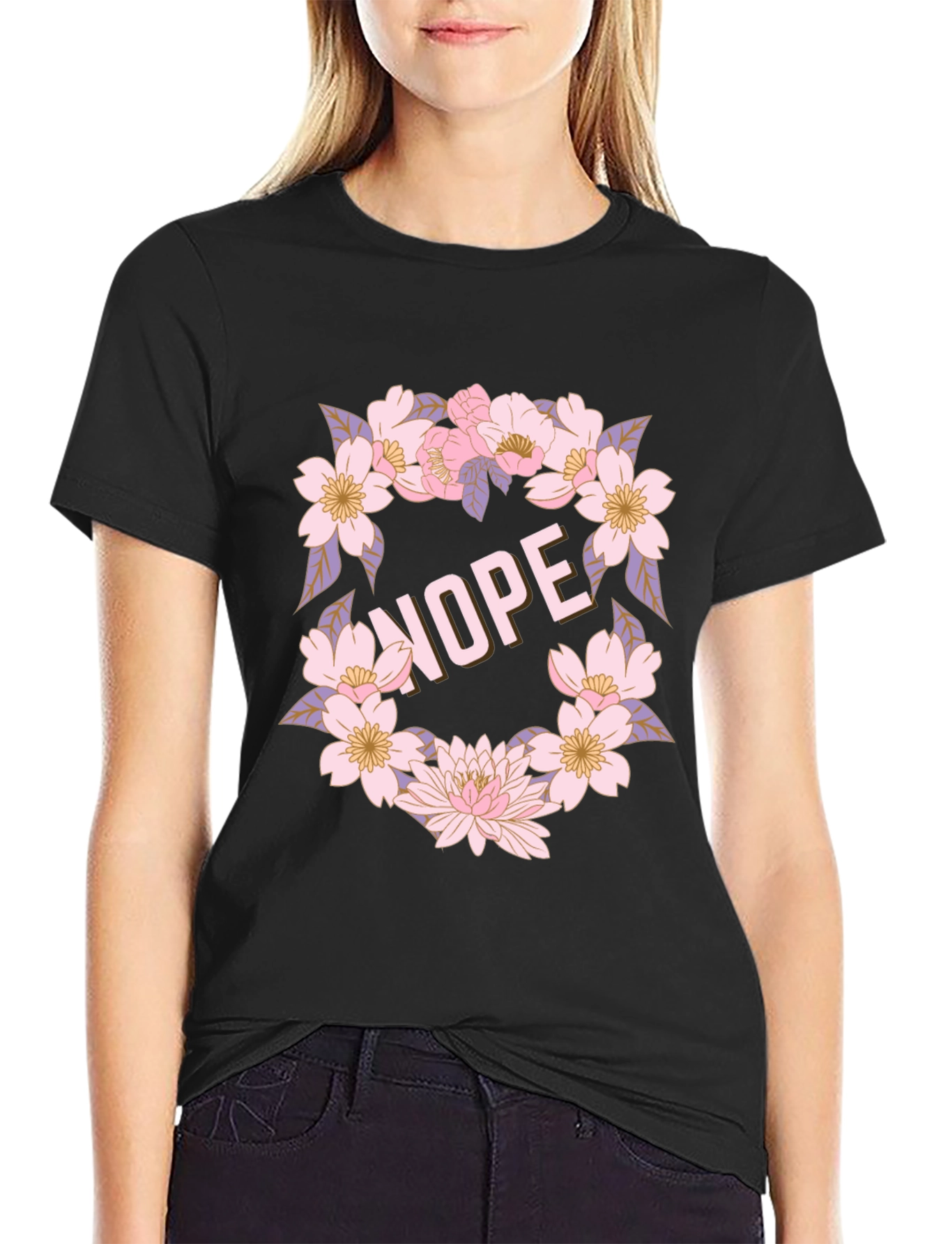Floral Nope Graphic Tee - Casual Black T-Shirt