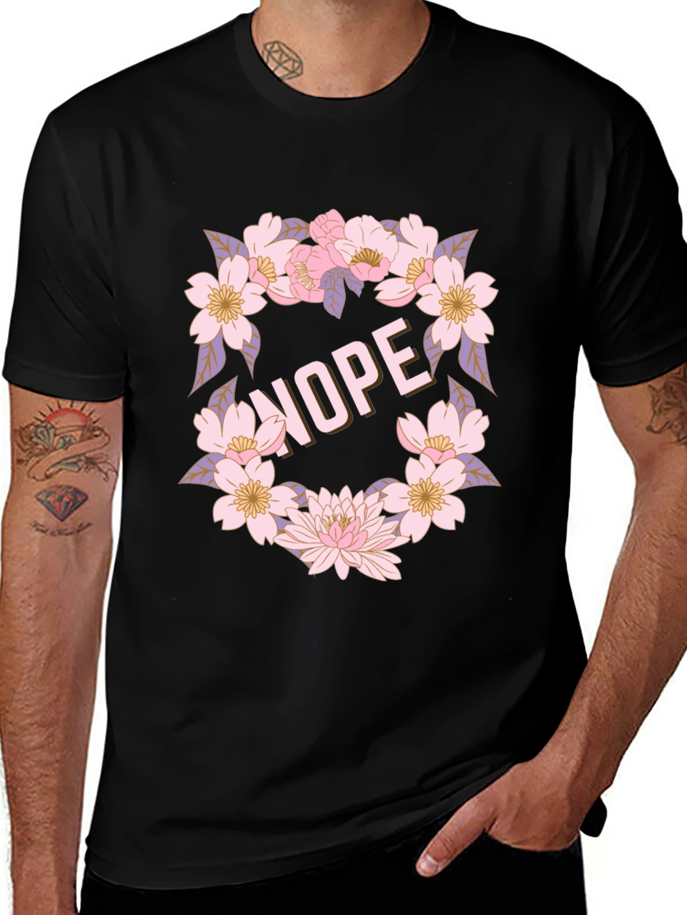 Floral Nope Graphic Tee - Casual Black T-Shirt