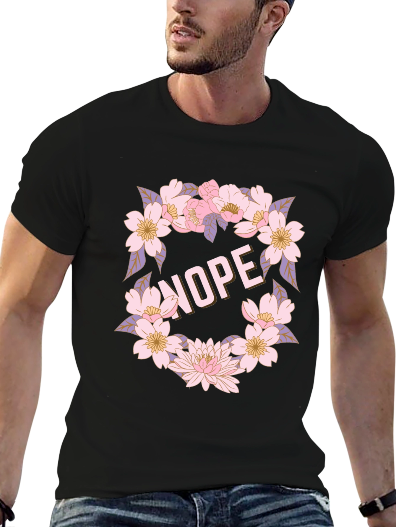 Floral Nope Graphic Tee - Casual Black T-Shirt