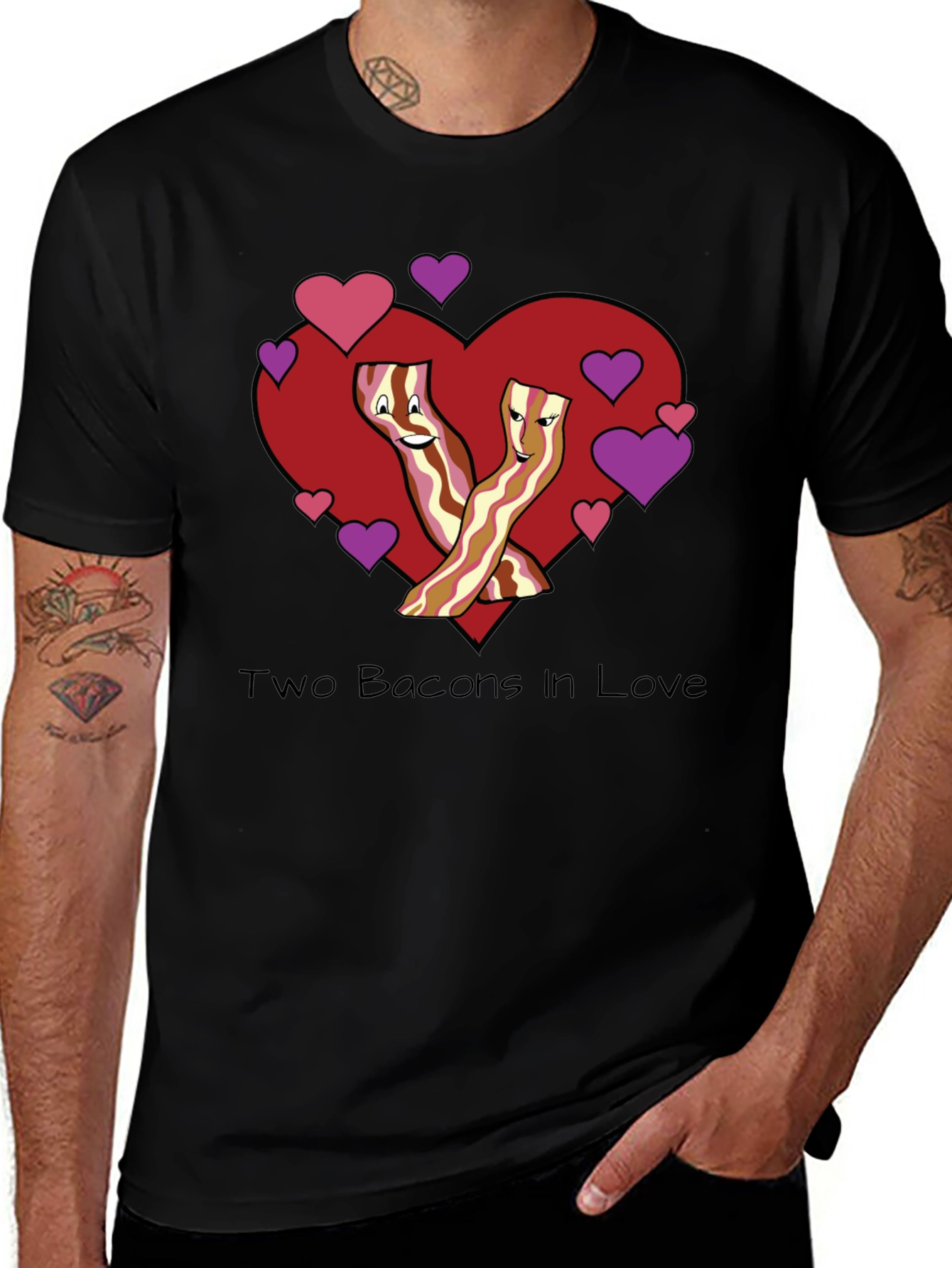 Two Bacons In Love Black T-Shirt