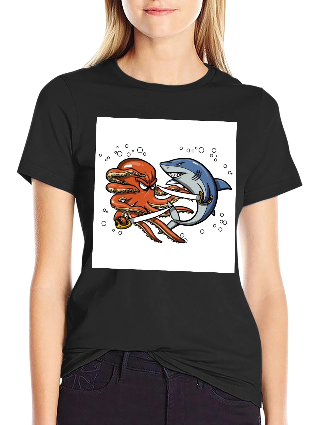 Octopus vs Shark Sword Fight T-Shirt