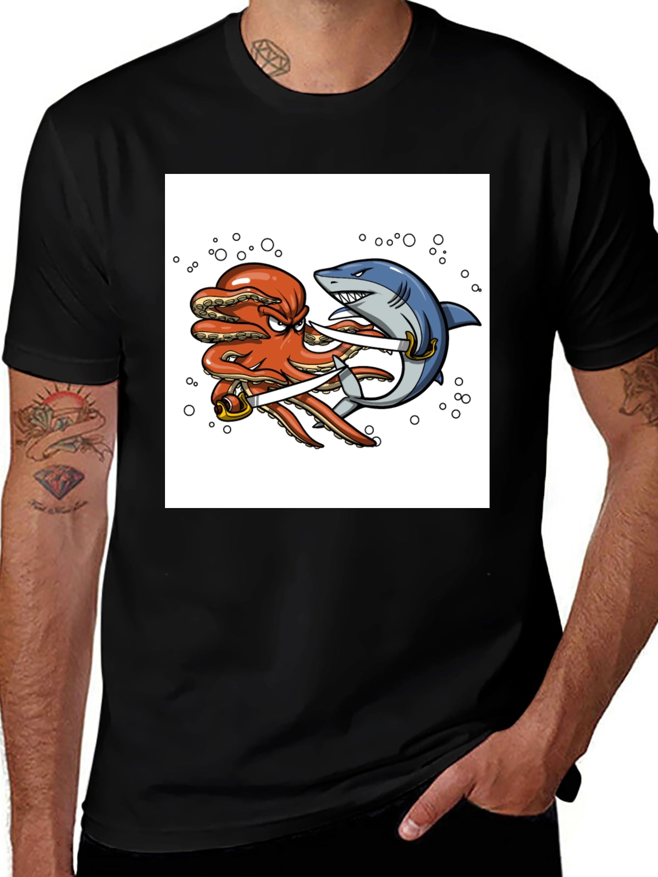 Octopus vs Shark Sword Fight T-Shirt
