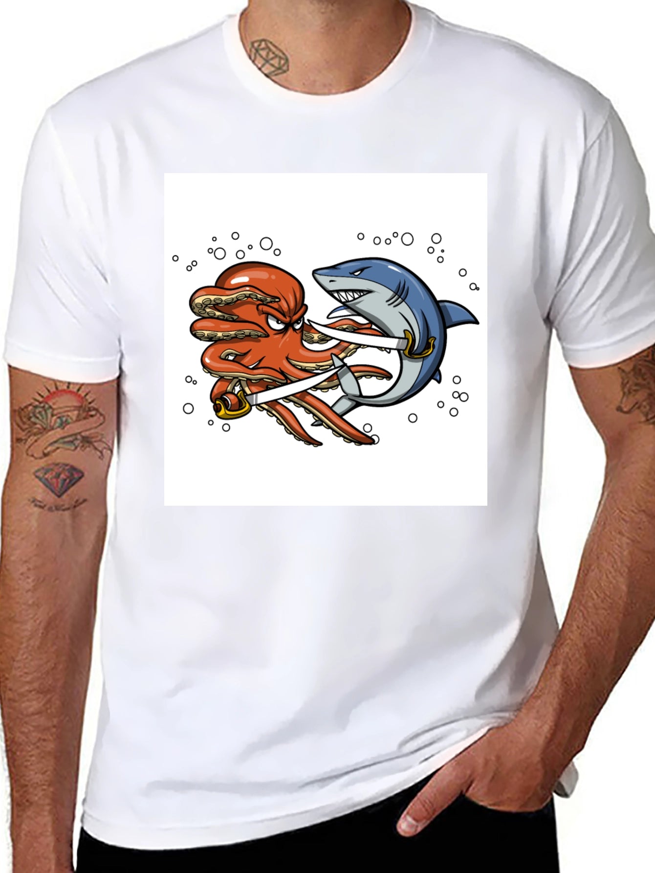 Octopus vs Shark Sword Fight T-Shirt