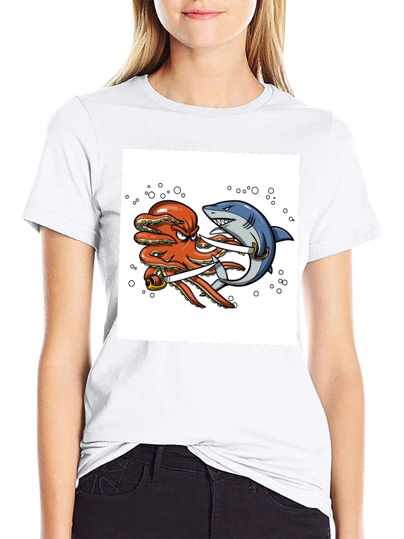 Octopus vs Shark Sword Fight T-Shirt