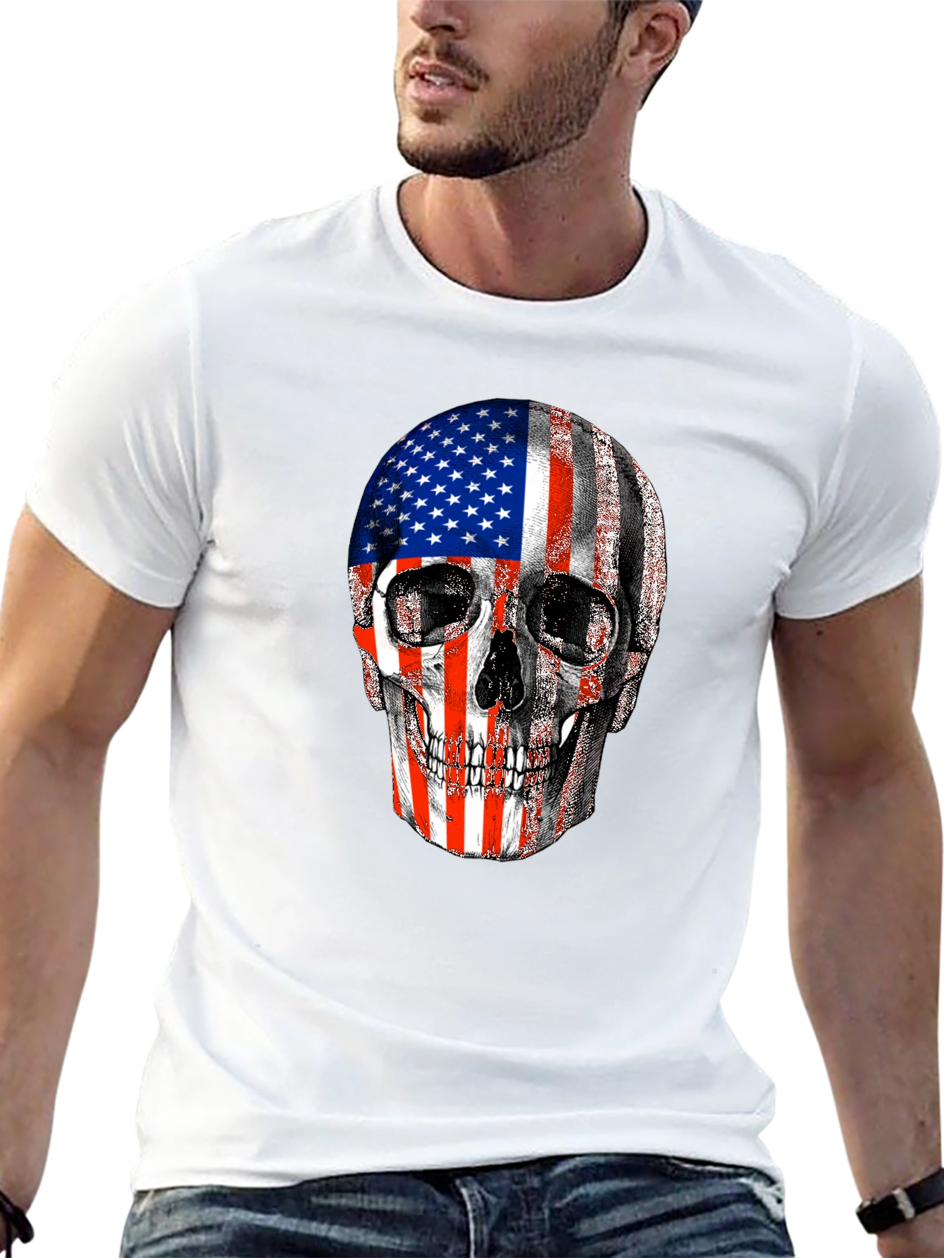 American Flag Skull Graphic Tee - Patriotic Design