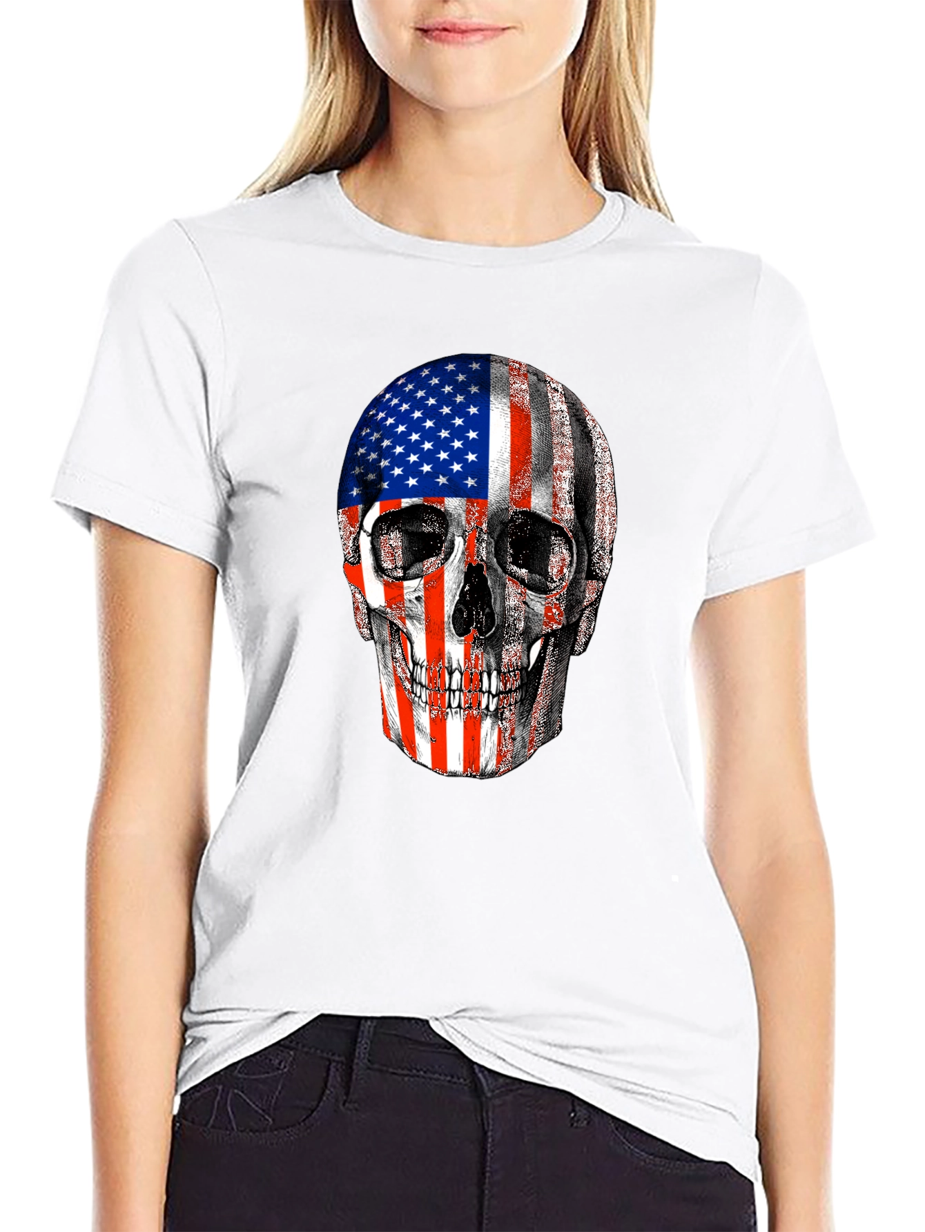 American Flag Skull Graphic Tee - Patriotic Design