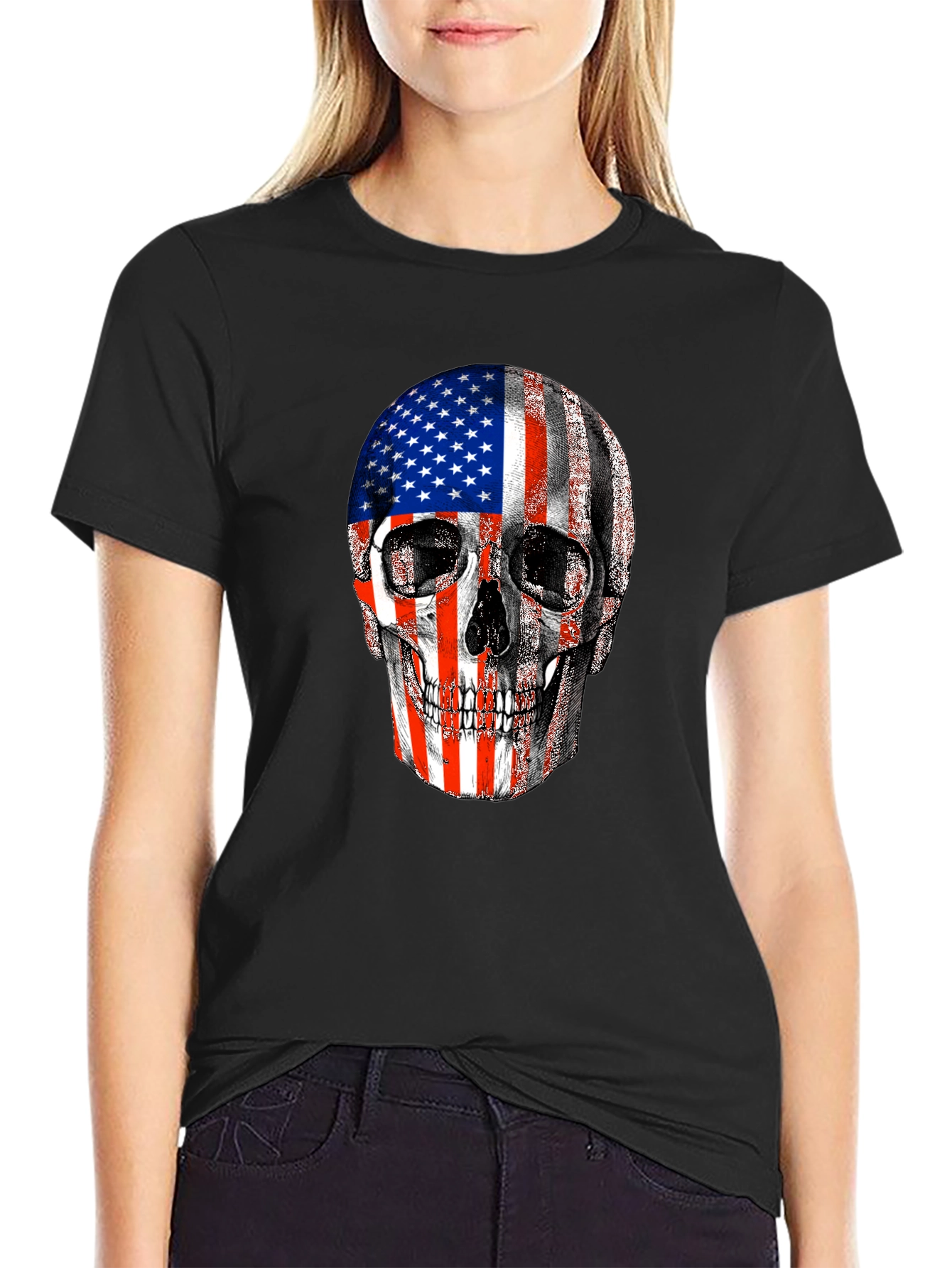 American Flag Skull Graphic Tee - Patriotic Design
