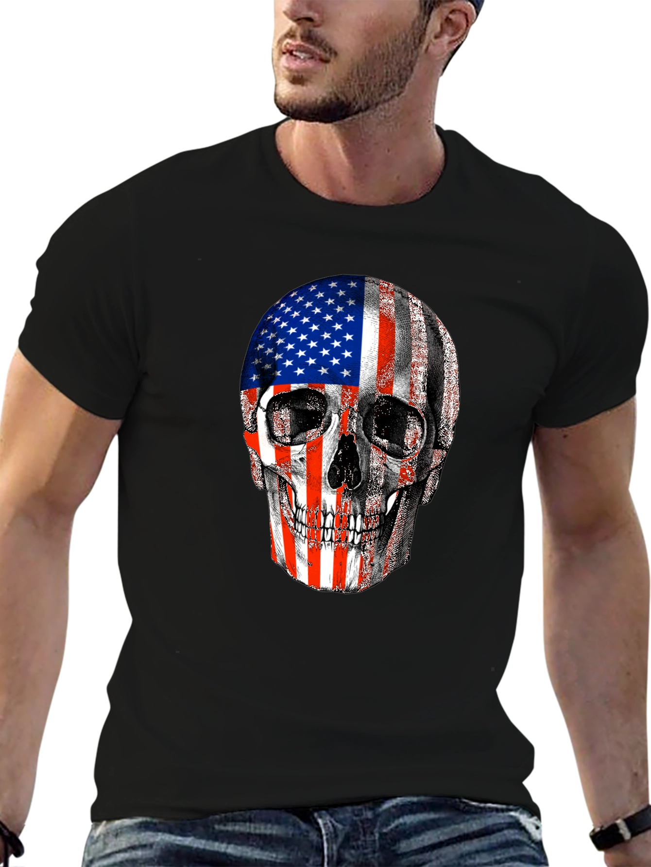 American Flag Skull Graphic Tee - Patriotic Design