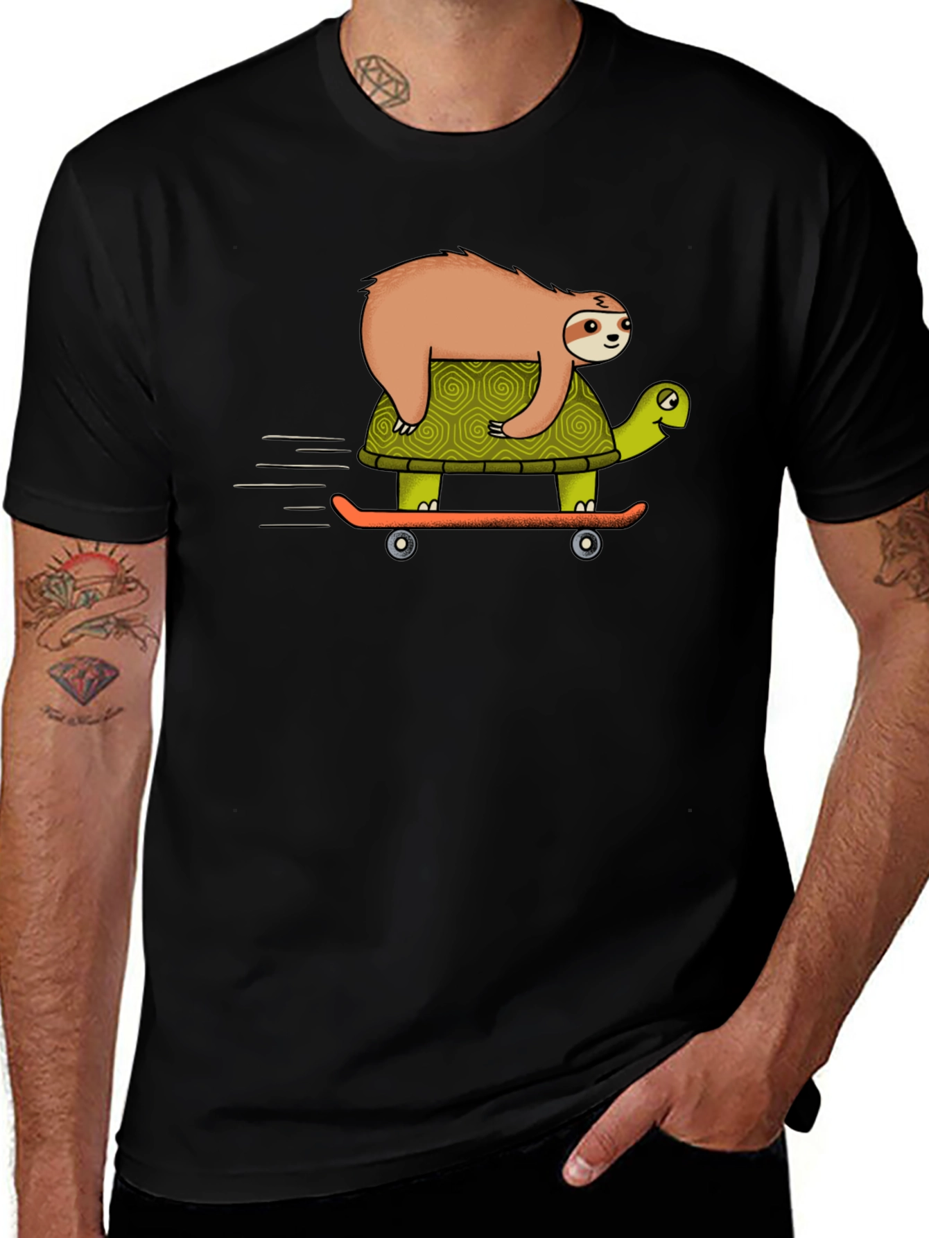 Sloth Riding Turtle Skateboard T-Shirt - Black