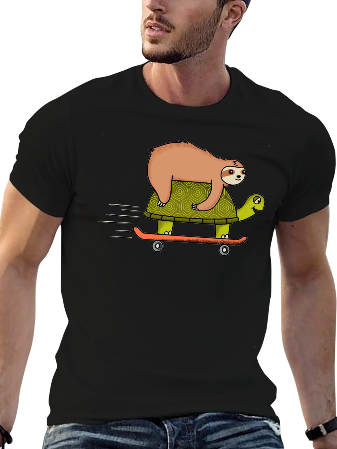 Sloth Riding Turtle Skateboard T-Shirt - Black