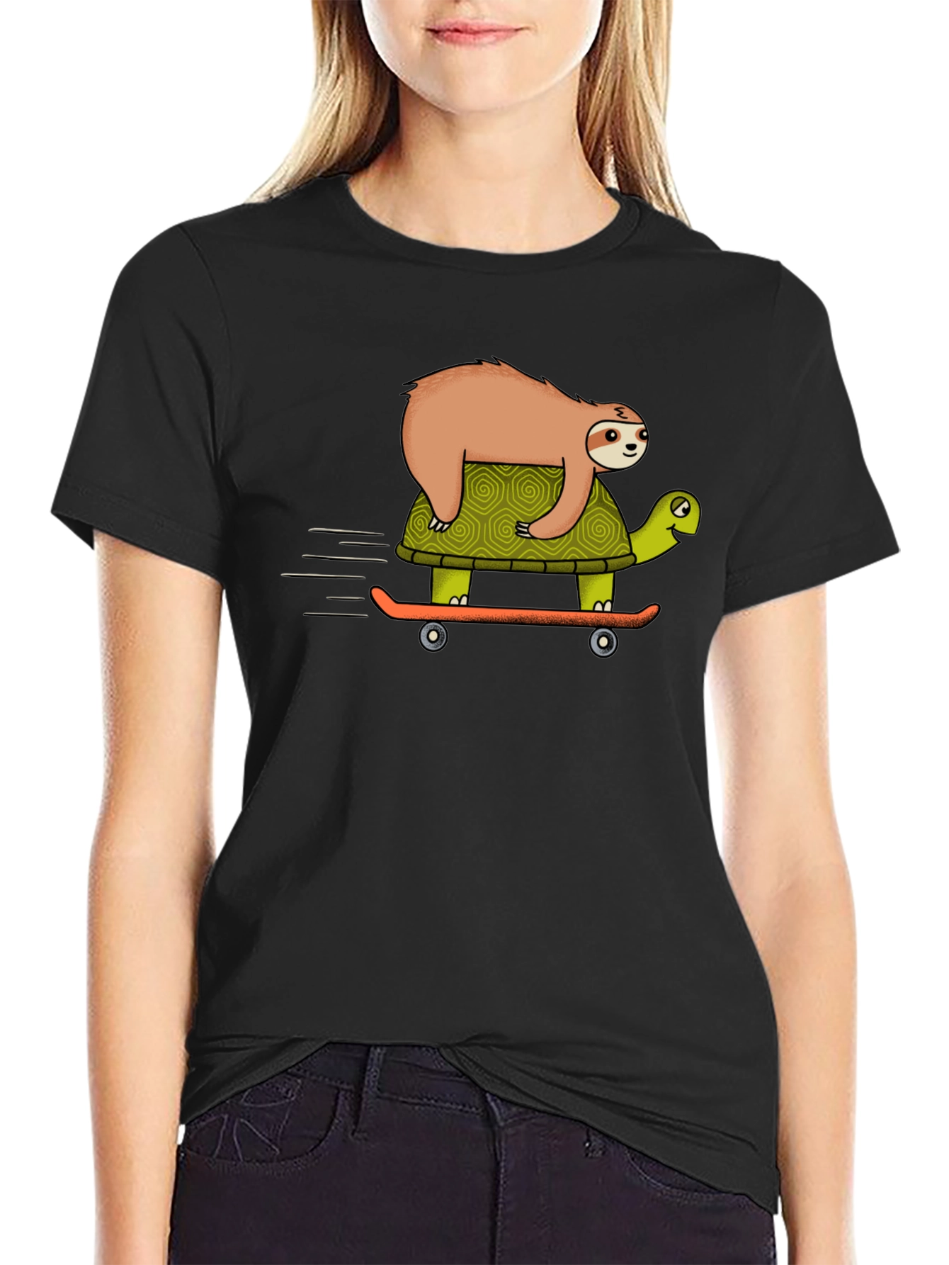Sloth Riding Turtle Skateboard T-Shirt - Black