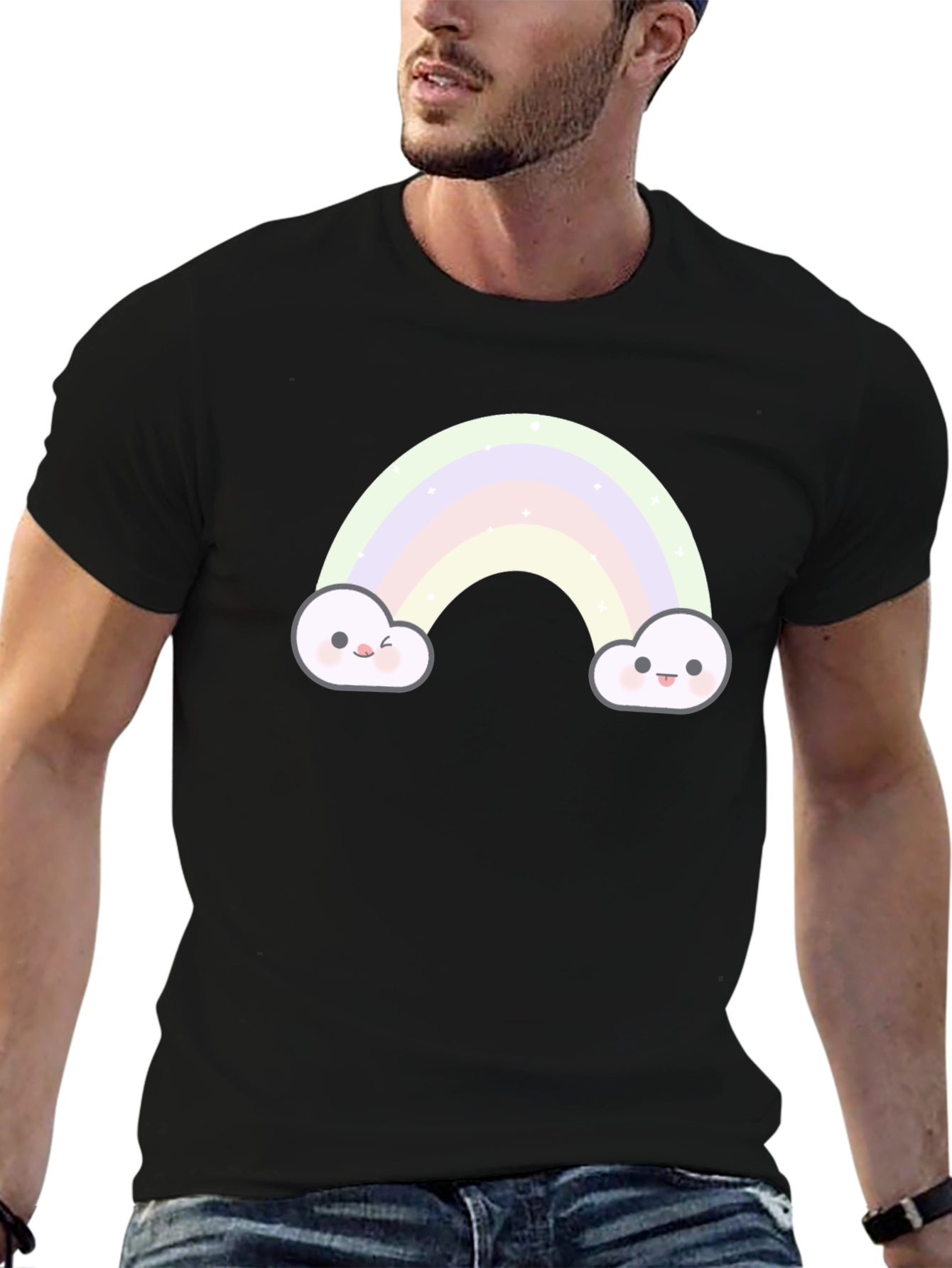 Cute Rainbow Cloud Graphic Tee - Black