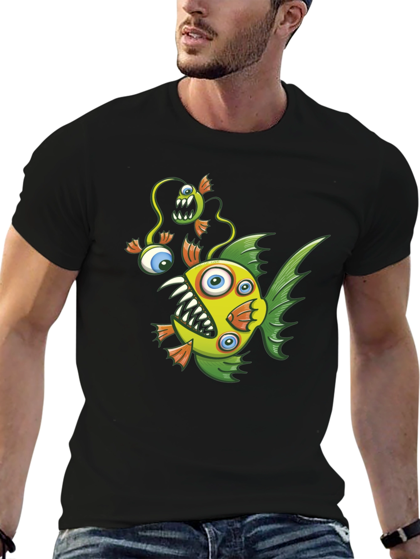 Crazy Fish Graphic Tee - Black Cotton T-Shirt