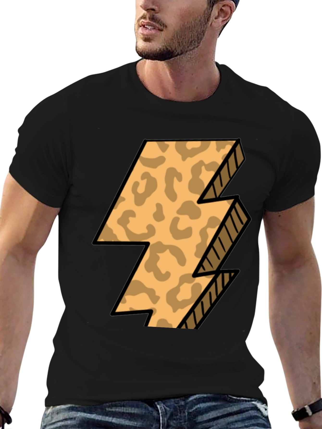 Leopard Print Lightning Bolt T-Shirt - Black