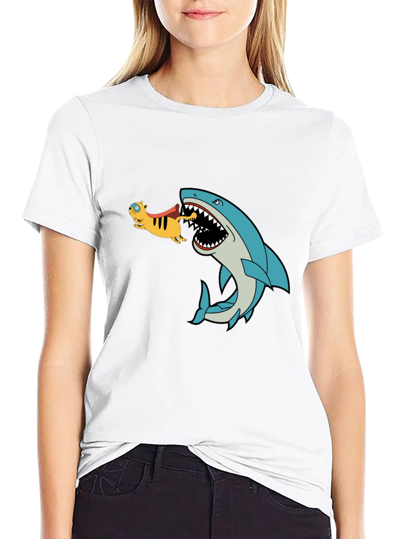 Shark Eating Cat Cartoon Graphic T-Shirt
