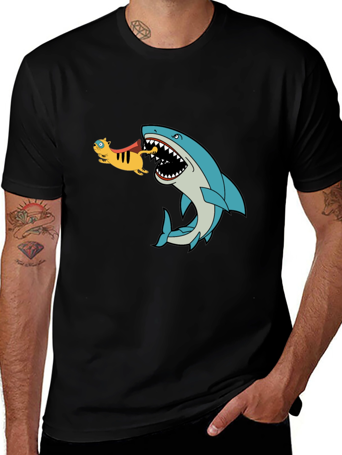 Shark Eating Cat Cartoon Graphic T-Shirt