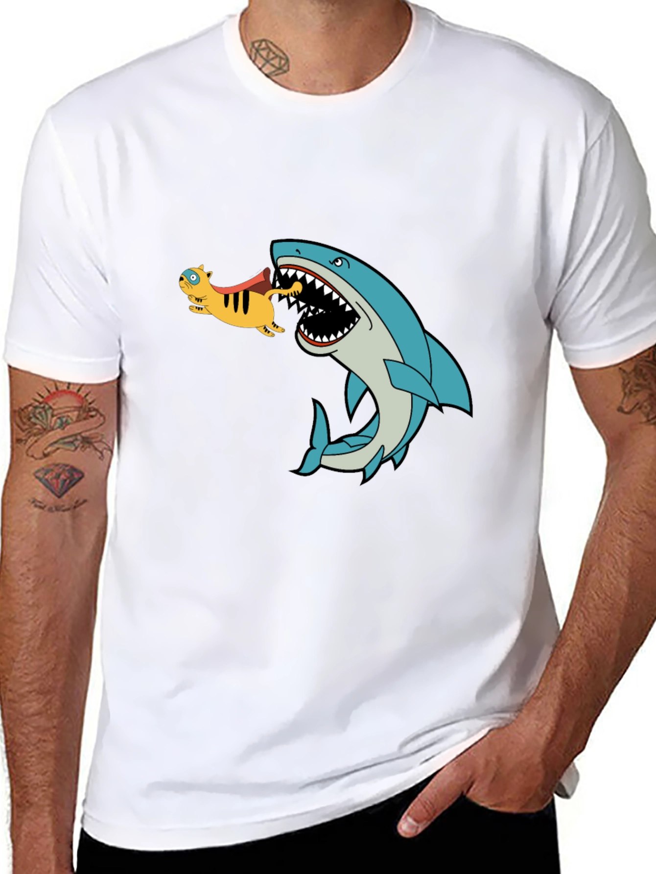 Shark Eating Cat Cartoon Graphic T-Shirt