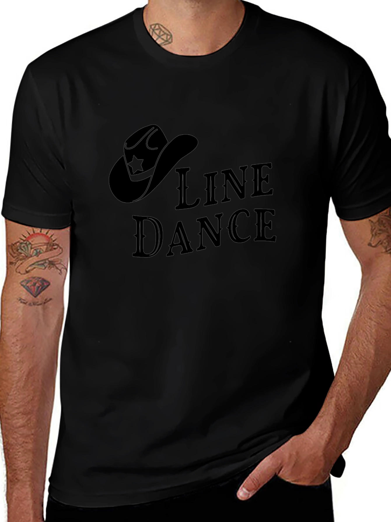Line Dance Cowboy Hat Graphic Tee - Solid Black