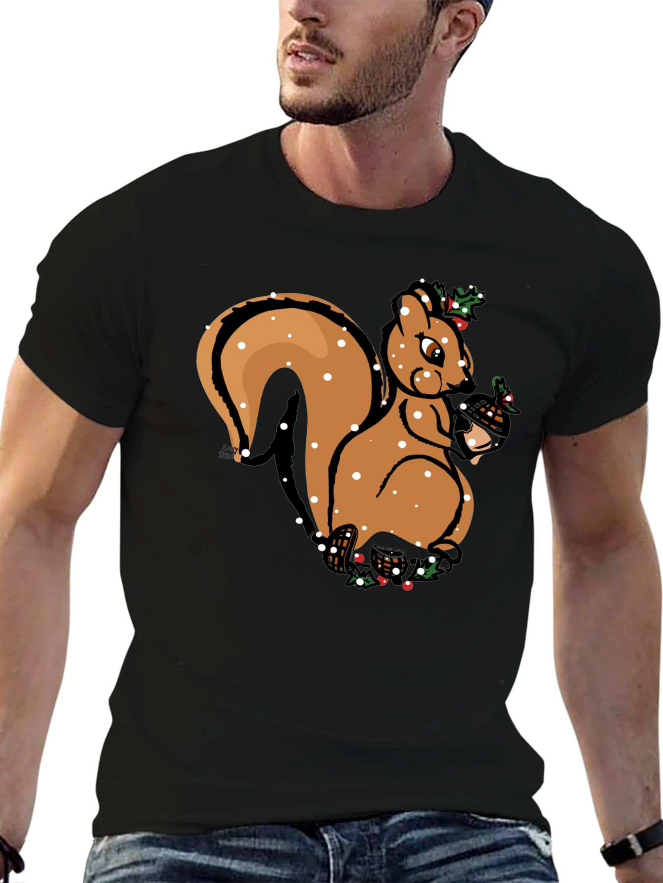 Festive Squirrel Graphic Tee - Holiday Season Apparel