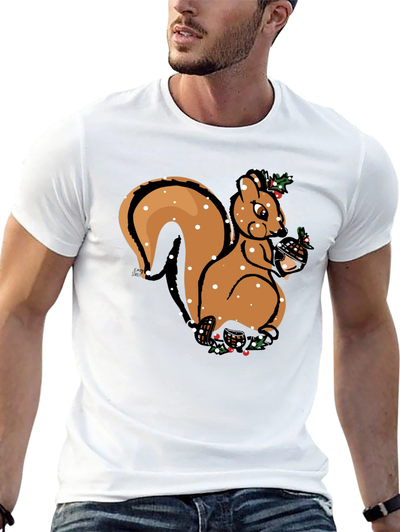 Festive Squirrel Graphic Tee - Holiday Season Apparel