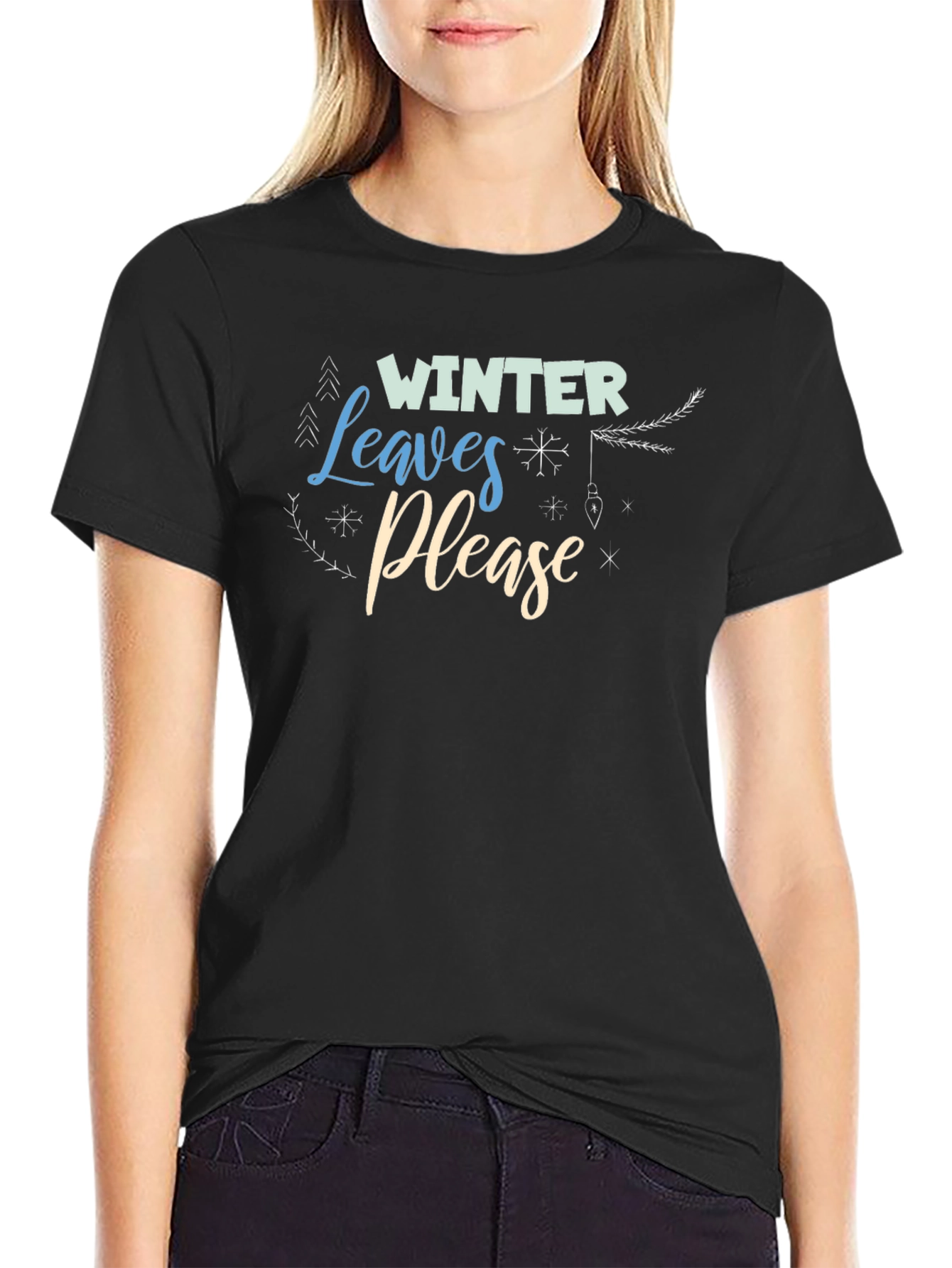 Winter Leaves Please Black Graphic Tee
