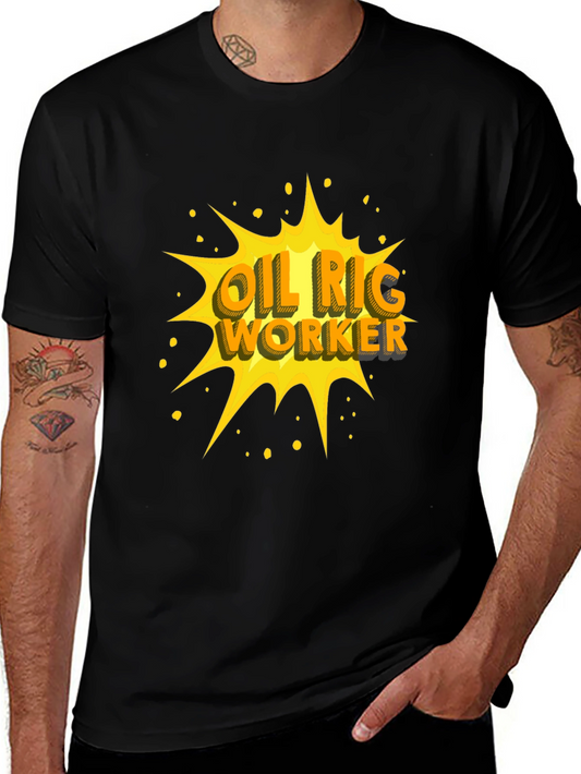 Oil Rig Worker Graphic Tee - Black Crew Neck T-Shirt