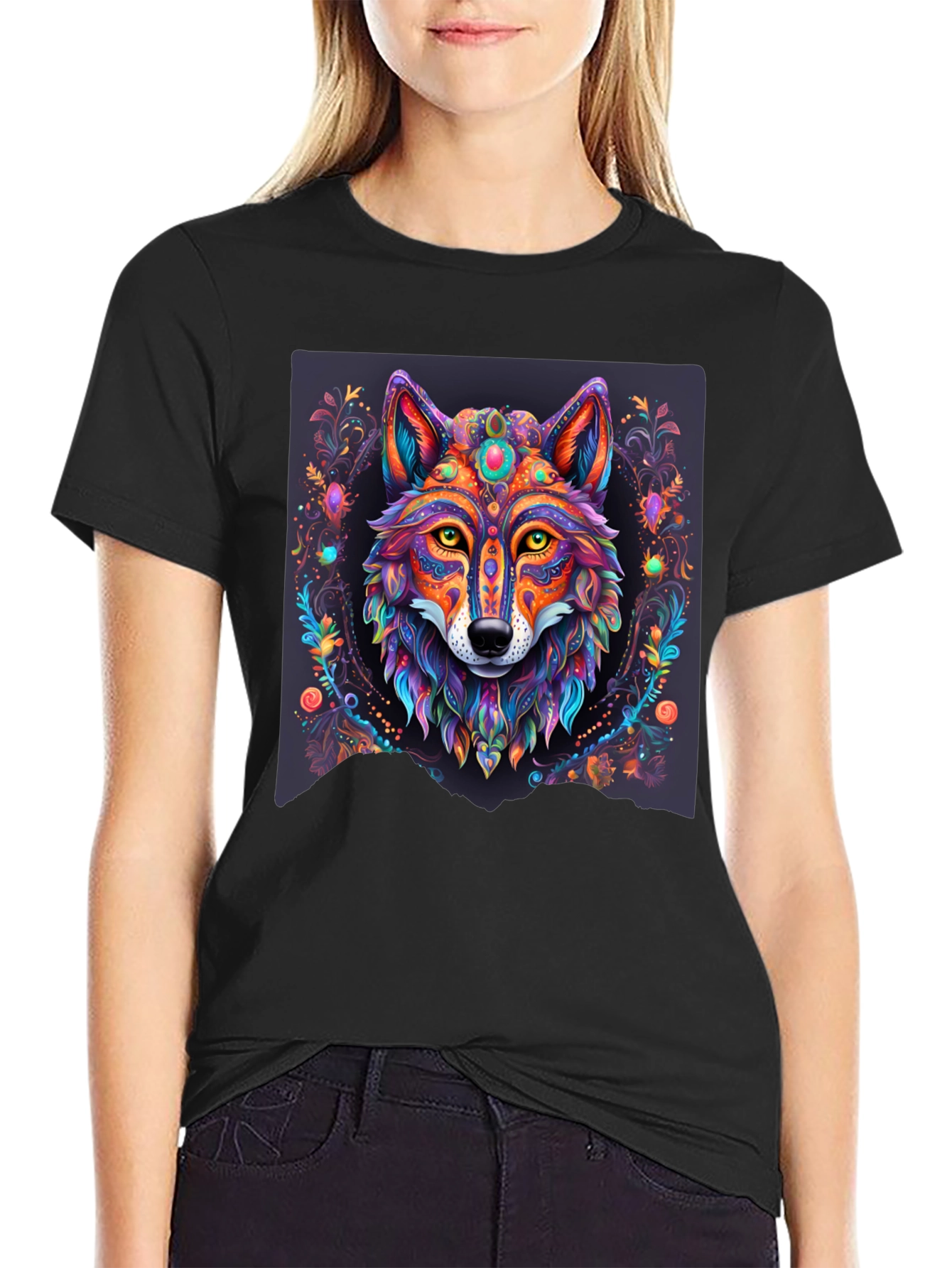 Vibrant Wolf Graphic Tee - Artistic Animal Print