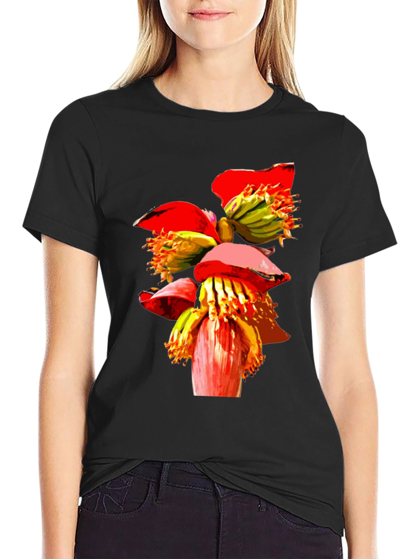 Banana Flower Graphic Tee - Black Casual T-Shirt