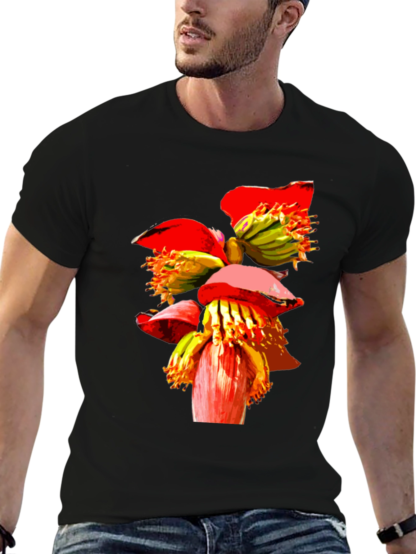Banana Flower Graphic Tee - Black Casual T-Shirt