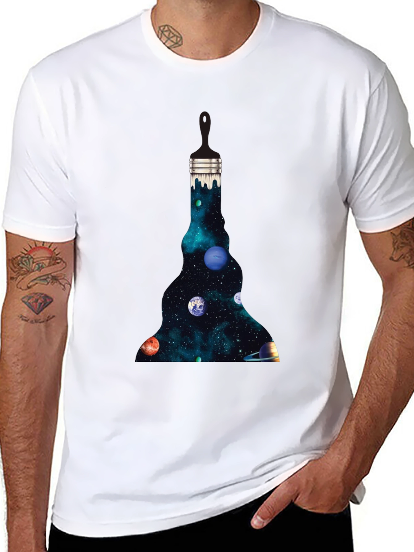 Galaxy Paintbrush Mens Black Graphic T-Shirt