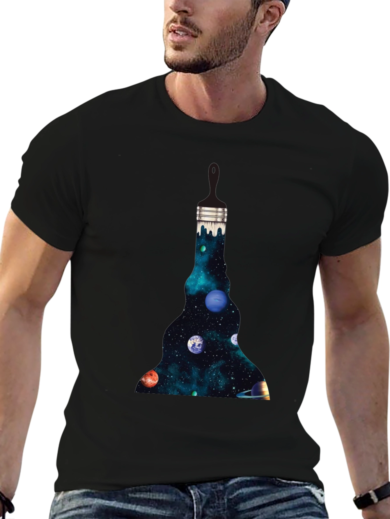 Galaxy Paintbrush Mens Black Graphic T-Shirt
