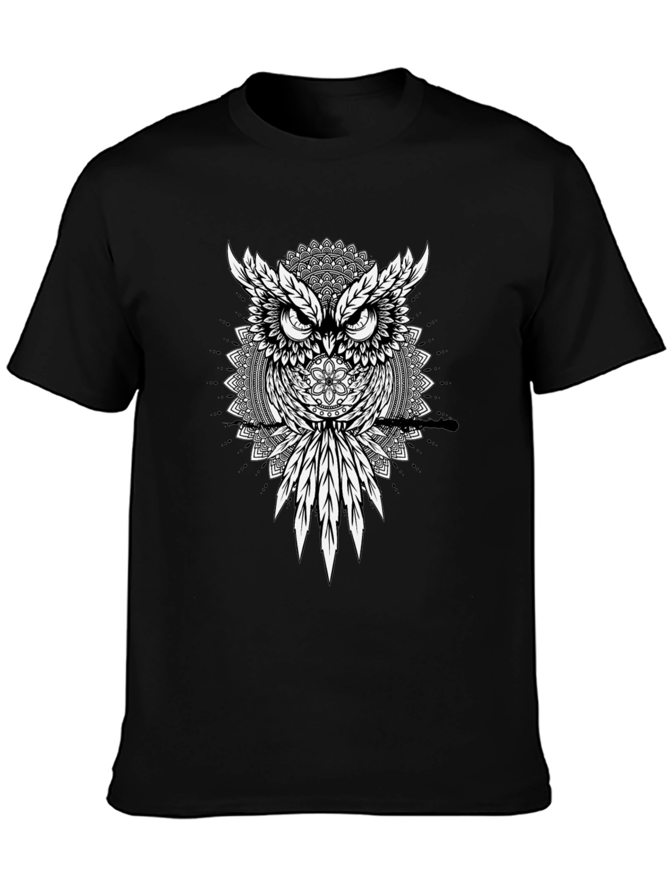Owl Mandala Graphic Print Black T-Shirt